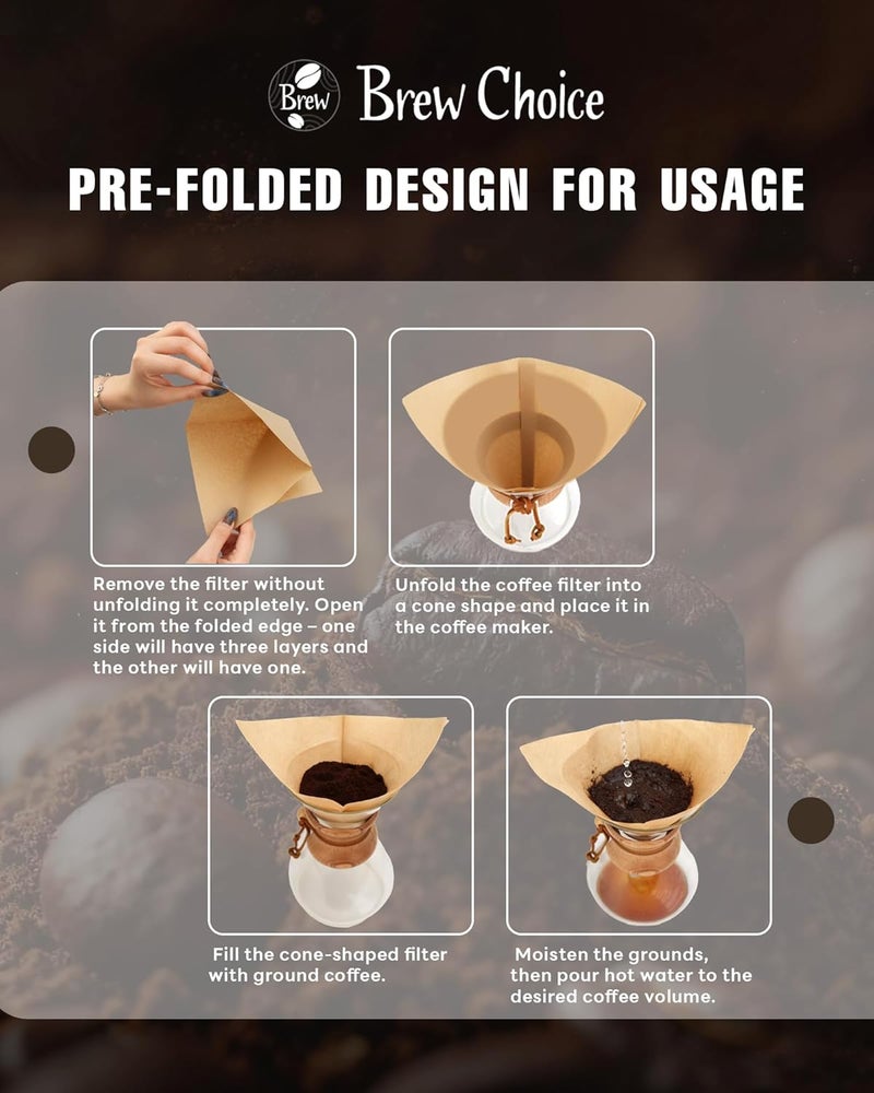 Brew Choice 100ct Pre-folded Unbleached Cone Coffee Filters, Upgraded 30% Thicker Natural Paper for Pure Taste, Compatible with Chemex Pour-Over Coffee Makers - Image 5